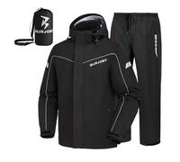 Burjosy Regenanzug Herren, Wasserdicht Regenjacke Regenhose, Packbare Leicht Reflektierende Windjacke mit Kapuze, Atmungsaktiv Fahrrad Regenmantel für Outdoor Wandern Camping