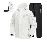Burjosy Regenanzug Herren, Wasserdicht Regenjacke Regenhose, Packbare Leicht Reflektierende Windjacke mit Kapuze, Atmungsaktiv Fahrrad Regenmantel für Outdoor Wandern Camping