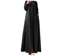Burka Damen Lang Sommerkleidung Leinen Shirt-Kleid Boho Große Größen mit Taschen Langarm V-Ausschnitt Falten Lange Leinenkleid Schichten Maxikleid Freizeitkleid Casual Oversize