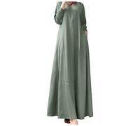Burka Damen Lang Sommerkleidung Leinen Shirt-Kleid Boho Große Größen mit Taschen Langarm V-Ausschnitt Falten Lange Leinenkleid Schichten Maxikleid Freizeitkleid Casual Oversize