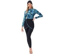 Burkini Damen Muslim Frauen Muslimische Bademode Modest Islamisch Arabisch Jilbab Langarm Schwimmoberteile Built in Bra+Schwimmhose+Hijab Kopftuch Khimar 3tlg Full Cover Schwimmanzug Blau Hawaii S
