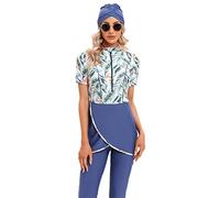 Burkini Damen Muslim Frauen Muslimische Bademode Modest Tankini Islamisch Arabisch Jilbab Kurzärm Schwimmoberteile+Schwimmhose+Hijab Khimar 3tlg Ganzkörper Neoprenanzug Schwimmanzug Blau Blume S