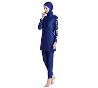 Burkini Damen Muslim Lang Große Größen Muslimische Badeanzug Bademode Islamische Arabische Jilbab Langarm UV Shirt+Badehose+Badekappe Hijab Kopftuch Khimar 3tlg Schwimmanzug Navy Blau Blumendruck S