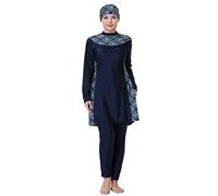 Burkini Damen Muslim Lang Große Größen Muslimische Badeanzug Frauen Langarm Druck UV Shirt+Schwimmhose+Badekappe Hijab Ganzkörper Islamisch Arabisch Modest Bademode Schwimmanzug Dunkelblau #4 6XL