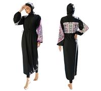 Burkini Damen Muslim Muslimische Badeanzug Frauen Langarm UV Schutzkleidung Badeshirt Lang Tops+Schwimmhose+Badekappe Hijab 3tlg Islamisch Schwimmanzug Jilbab Ganzkörper Modest Bademode 1#Schwarz XL