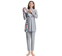 Burkini Damen Muslim Muslimische Badeanzug Frauen Langarm Zipper Blumen UV Schutzkleidung Badeshirt+Schwimmhose+Badekappe Hijab 3tlg Ganzkörper Islamisch Arabisch Jilbab Modest Bademode Grau XXL