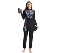 Burkini Damen Muslim Muslimische Badeanzug Frauen Langarm Zipper Blumen UV Schutzkleidung Badeshirt+Schwimmhose+Badekappe Hijab 3tlg Ganzkörper Islamisch Arabisch Jilbab Modest Bademode Schwarz XL
