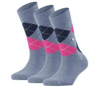 Burlington Damen Socken 3er Pack - Queen, Kurzstrümpfe, Baumwolle, Rautenmuster, Logoemblem Blaugrau/Pink/Dunkelblau 36-41