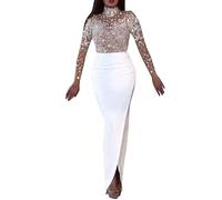 BURLOE V-Ausschnitt Meerjungfrau Abendkleider, Damen Elegante Langarm Split Party Prom Kleid Boden Langarm Pailletten Abschlussball Kleider,Weiß,S