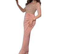 BURLOE V-Ausschnitt Meerjungfrau Abendkleider, Damen Elegante Langarm Split Party Prom Kleid Boden Langarm Pailletten Abschlussball Kleider,Rosa,L