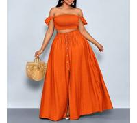 Burnt Orange Sommer Strand Urlaub Urlaub Damen Große Größen Leinen-ähnliches Off-Shoulder Crop Top und A-Linie Maxi Rock mit vorderem Schlitz, 2-teili