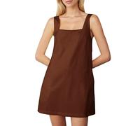 Burtell Ärmelloses Sommer-Minikleid aus Baumwoll-Leinen, lässig, quadratischer Ausschnitt, rückenfrei, kurzes Kleid, solides Tank-Shift-Kleid, Braun, Mittel