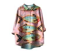 Button-Down-Baumwoll-Leinen-Hemden, locker, fließend, quadratisch, Leinen-T-Shirt für Damen, Vintage-Fisch-Kunstdruck, Reverskragen, Knopfblusen, lange Ärmel, lässige Oberteile, Hemden und Blusen