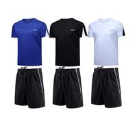 BUYJYA Herren-Trainingskleidung, athletische Shorts und Shirt-Set, 3er-Pack, für Basketball, Fußball, Training, Laufen, Fitnessstudio, Schwarz-Weiß-Blau, X-Large
