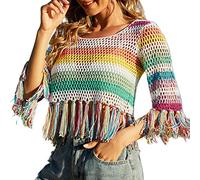 Bwuikim Häkel Mesh Strandüberzug, Kurze Tunika, Pareos, Bikinis, Ups, Badebekleidung, 2022, bunter Häkel mit Fransenbesatz, Pool Badeanzug mit Quasten
