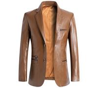 BXCZEDW Herren-Lederblazer, lässiger Revers, normale Passform, 2-Knopf-Jacke, Blazer mit Taschen, braun, XL