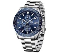 by BENYAR Herren-Armbanduhr, analog, Quarz, Chronograph, wasserdicht, für Business, Freizeit, Mode, klassisch, elegant, mit Kalender, Leder/Edelstahlband, Geschenke für Männer, Blau, Classic