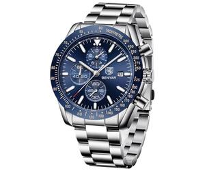 by BENYAR Herren-Armbanduhr, analog, Quarz, Chronograph, wasserdicht, für Business, Freizeit, Mode, klassisch, elegant, mit Kalender, Leder/Edelstahlband, Geschenke für Männer, Blau, Classic