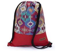 By Bers Leon großer Premium Turnbeutel mit Innentaschen Rucksack Tasche Damen Herren Teenager Gym Bag Draw String 45x34cm für Sport Reise Alltag Einkauf (Boho 001Rot)