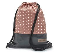 By Bers Leon großer Premium Turnbeutel mit Innentaschen Rucksack Tasche Damen Herren Teenager Gym Bag Draw String 45x34cm für Sport Reise Alltag Einkauf (Dots_ziegelweiß_SchwarzPU)