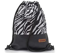 By Bers Leon großer Premium Turnbeutel mit Innentaschen Rucksack Tasche Damen Herren Teenager Gym Bag Draw String 45x34cm für Sport Reise Alltag Einkauf (Zebra_SW_PU)
