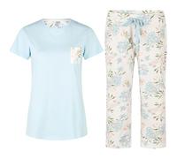 By Louise Damen Pyjama 100% Baumwolle Kurzarm Schlafanzug mit Capri Hose, bequem & atmungsaktiv, Farbe:Hellblau - Floral, Grösse:XXL