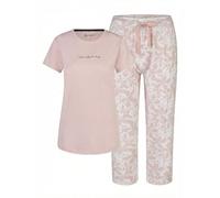 By Louise Damen Pyjama 100% Baumwolle Kurzarm Schlafanzug mit Capri Hose, bequem & atmungsaktiv, Farbe:Rosa - Floral, Grösse:M