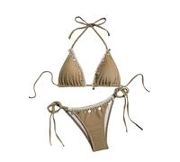 BYFINECANY Damen-Badeanzug mit Muschel-Dekoration, Boho, Neckholder, hohe Taille, Sommer-Badeanzug, Bikinis-Set, Braun, Large