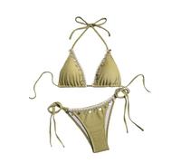 BYFINECANY Damen-Badeanzug mit Muschel-Dekoration, Boho, Neckholder, hohe Taille, Sommer-Badeanzug, Bikinis-Set, Grün, Large