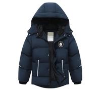 BYLESIN Wasserdichter Daunenmantel für Kinder, Jungen, Baumwolle, warm, mit Fleece gefüttert, dicker Wintermantel mit Kapuze, Marineblau, 7-8