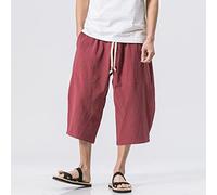 Bywenzai Kurze Hose Männer Baumwolle Leinen Einfarbig Elastische Taille Shorts T Herren Hip-Hop Atmungsaktiv Lässig 3/4 Hosen Japanische Und Koreanische Yogahose XXXL Rot