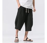 Bywenzai Kurze Hose Männer Baumwolle Leinen Einfarbig Elastische Taille Shorts T Herren Hip-Hop Atmungsaktiv Lässig 3/4 Hosen Japanische Und Koreanische Yogahosen M Schwarz