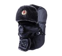 BZNOO Russen Mütze Herren Bomberhut Russisch Ushanka Pu Winter Trapper Sowjetische Abzeichen Armee Flieger Soldat Halsabdeckung Ohrklappe Schnee Ski Cap-Schwarz