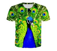 BZNOO Unisex 3D Druck Kurzarm Unisex Gedruckte Grüne Pfau Grafik T-Shirt Sommer Lässig Kurzarm Neuheit T-Shirts T-Shirts Tops Street Wear Für Männer Frauen-S