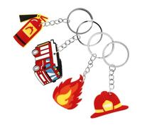 Cabilock 4 Stück Teiliges Feuerwehr Schlüsselbund Metall Feuerwehrmann Schlüsselanhänger Dekorativ Cartoon Design Robustes Feuerwehrauto Helm Löschgerät Anhänger für Schlüssel und Taschen