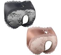 Cadiwe Femboy Sissy Herren-Höschen, Hipster-Slip, Spitze, Bikinislip, Dessous, Unterwäsche für Herren, Schwarz, Schwarz + Braun, offener Schritt, 2 Stück, Large