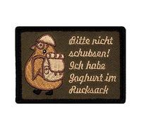 Café Viereck ® Bitte Nicht Schubsen Ich Habe Joghurt im Rucksack Fun Patch mit Klett Pinguin mit Helm und Stiefeln - 7 cm x 5 cm