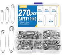 Caianwin 270 Stück Sicherheitsnadeln Set - 5 Größen Sicherheitsnadel Klein(19mm/28mm/32mm) und Sicherheitsnadeln Groß(45mm/55mm) Silber, Metall Safety Pins für Kunsthandwerk Nähen DIY