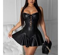 CAIAO Frauenkleidung sexy Club Leder Ösen Mini Faltenkleid Frauen Schwarze Wrap A-Line-Kleid Clubwear-Black,M