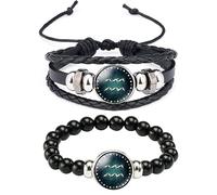 Caimeytie 2 Stück Sternbild Armband für Mädchen,Tierkreiszeichen,Lederarmband Set,einstellbar,handgefertigte gewebte Armbänder,Wickel Armband Frauen,Sternbilder Geschenke Wassermann