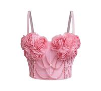 CakfLjkhl Damen Perle Perlen Bustier Crop Top 3D Blumen Sexy Spaghetti Strap Korsett Mode Ausgehen Top,Rosa,S