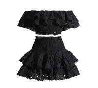 CakfLjkhl Damen Sexy 2 Stück Club Outfits Schulterfrei Rüschen Crop Top Aushöhlen Layered Minirock Set,Schwarz,S