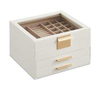 SONGMICS GISELLA Kollektion - Schmuckkästchen 3 Ebenen, Schmuckbox mit Glasdeckel, 2 Schubladen, Schmuckaufbewahrung, Geschenkidee, 20,3 x 23,1 x 13,5 cm, wolkenweiß-golden JBC239WTV1