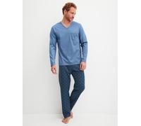 Schlafanzug CALIDA "Relax Imprint 2", Damen, Gr. XXL (58/60), coronet blau, Single Jersey, Obermaterial: 100% Baumwolle, bequem lang, V-Ausschnitt, Homewear-Sets Schlafanzug, atmungsaktiv, Cotton, lei