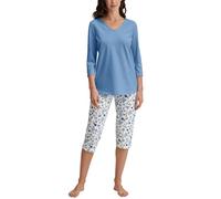 Capri-Pyjama CALIDA "Flower Nights", Damen, Gr. L (48/50), blau (riviera blau), Single Jersey, Obermaterial: 100% Baumwolle, casual, bequem 3/4-Länge, V-Ausschnitt, 3/4-Ärmel, Homewear-Sets, V-Ausschn