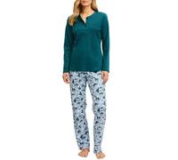 Schlafanzug CALIDA "Midnight Flowers", Damen, Gr. M (44/46), grün (schwarz petrol), Interlock, Obermaterial: 100% Baumwolle, bequem lang, Rundhals, Homewear-Sets Schlafanzug, mit Rundhalsausschnitt un