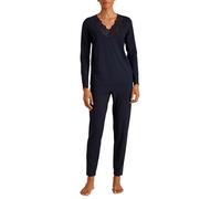 Schlafanzug CALIDA "Elegant Dreams", Damen, Gr. L (48/50), blau (schwarz lapis blau), Single Jersey, Obermaterial: 95% Modal (TENCEL™), 5% Elasthan, leicht transparent, unifarben, comfort fit lang, V-