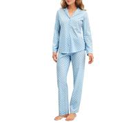 Schlafanzug CALIDA "Lovely Nights", Damen, Gr. XL (52/54), cascade blau, Single Jersey, Obermaterial: 100% Baumwolle, bequem lang, V-Ausschnitt, Homewear-Sets Schlafanzug, mit langen Ärmeln, Knöpfe, A