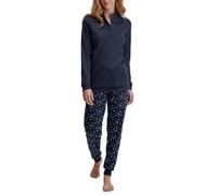 Schlafanzug CALIDA "Deep Dreams", Damen, Gr. M (44/46), blau (peacoat blau), Single Jersey, Obermaterial: 100% Baumwolle, casual, bequem lang, V-Ausschnitt, Langarm, Homewear-Sets, zarte Spitze, V-Aus