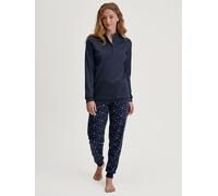 Schlafanzug CALIDA "Deep Dreams", Damen, Gr. L (48/50), peacoat blau, Single Jersey, Obermaterial: 100% Baumwolle, bequem lang, V-Ausschnitt, Homewear-Sets, zarte Spitze, V-Ausschnitt, Langarm, Single